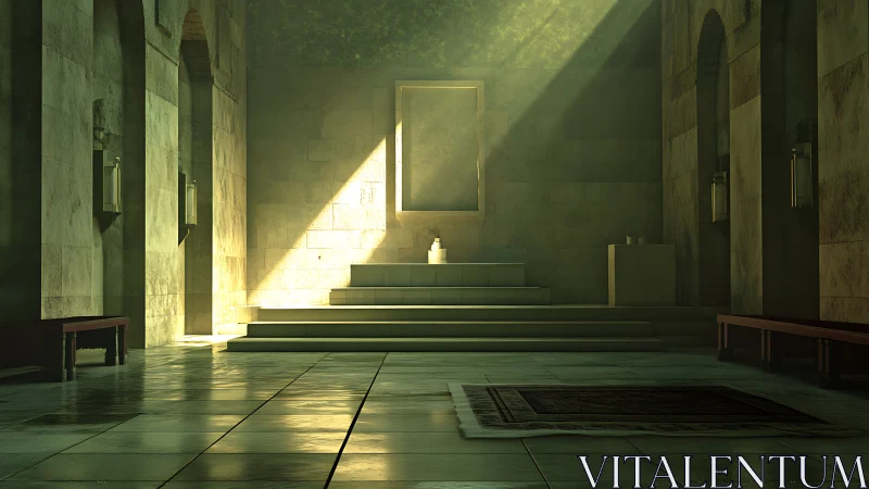 Sunlit stone sanctuary interior with central altar platform.