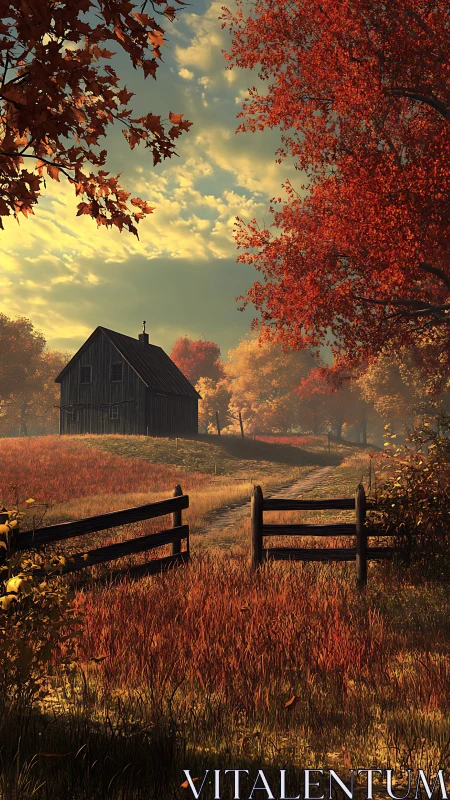 Cozy autumn farmhouse along a sunlit country lane.