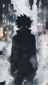 Silhouetted figure with glowing eyes stands in foggy city