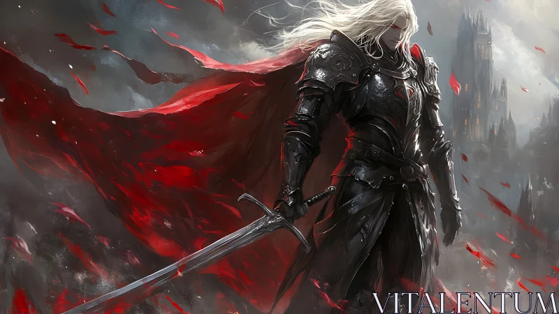 Armored swordsman dominates storm-lit battlefield with crimson cape