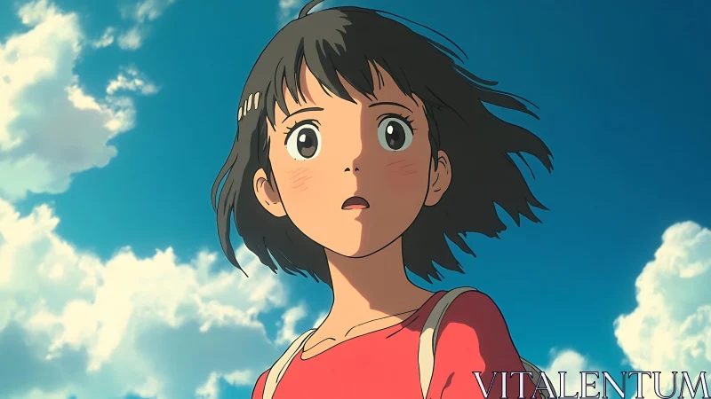 Young anime girl under bright sky with surprised gaze.