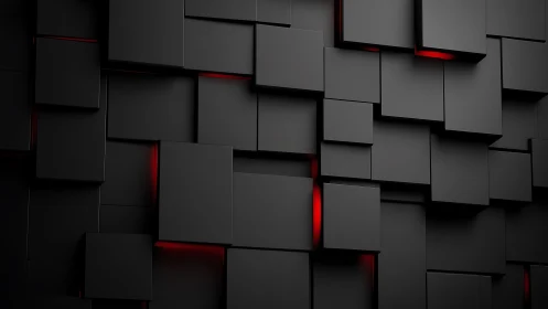 Futuristic black geometric cubes with red glowing accents, 3D style.