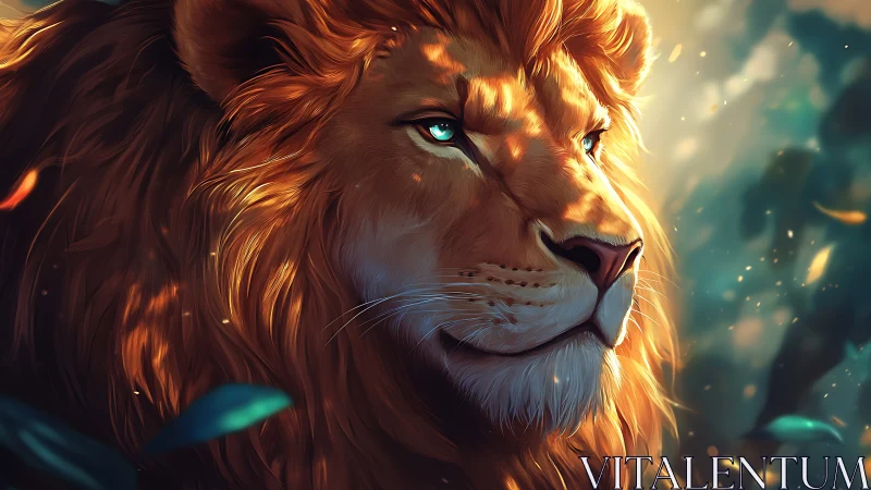 Cinematic lion portrait in dappled backlight with teal eyes