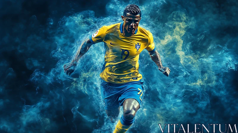 Electric footballer sprints through swirling blue energy storm