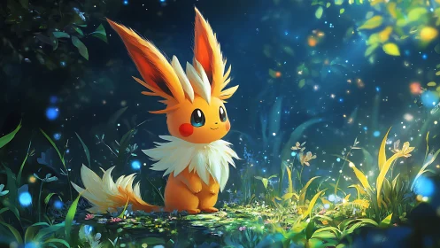 Fluffy fox creature in glowing forest clearing at dusk.