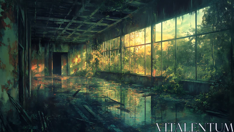 Sunlit overgrown corridor reveals nature reclaiming ruins