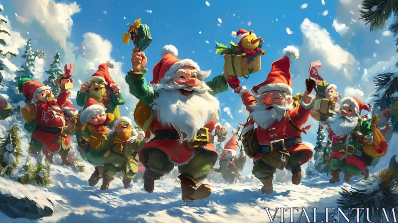 Dynamic procession of stylized Santa elves crossing sunlit snowfield
