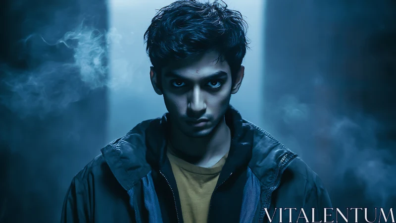 Young man stares forward in moody blue cinematic lighting