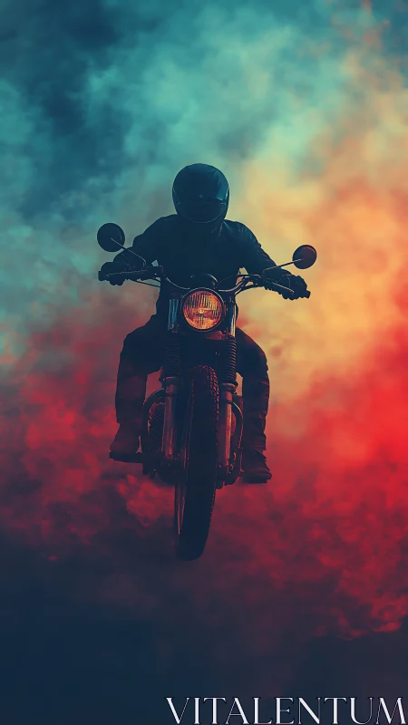 Roaring motorcycle rider surges boldly through colorful smoke