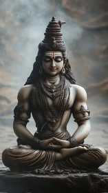 Serene Shiva statue in meditative posture amid swirling mist.
