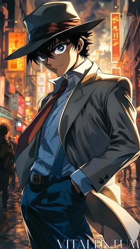 Male figure in trench coat and hat in urban night street.