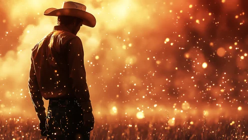 Cowboy in glowing dusk, standing quiet in golden sparks.