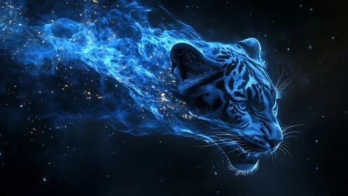 Plasma-phase panther head rendered as luminescent blue flow.
