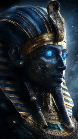 Cybernetic pharaoh bust with glowing blue eyes in profile.