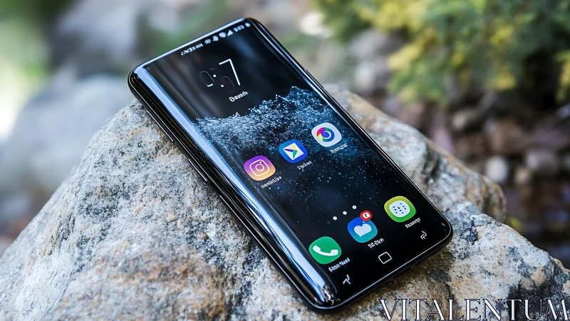 Modern Smartphone Resting on Natural Stone. Perfect.