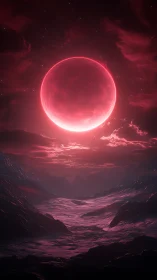 Large red celestial body illuminates layered rocky valley