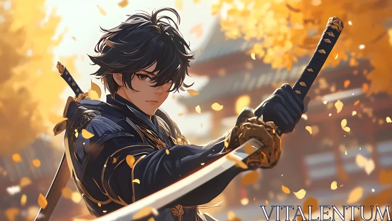 Samurai swordsman guards temple under swirling autumn leaves.