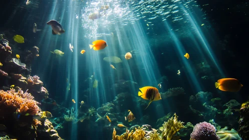 Colorful tropical reef fish swim through strong underwater light