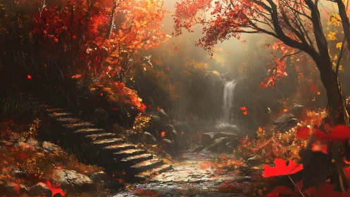 Autumn Forest Waterfall Path at Dawn.