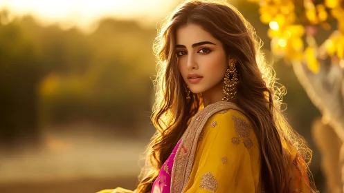 Woman in traditional attire in warm outdoor backlight.