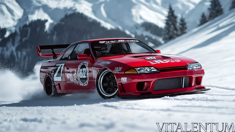 Red drift car carves dynamic trajectory through alpine snow