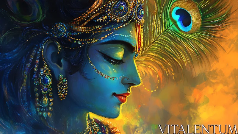 Blue-hued divine profile with jeweled crown and peacock plume
