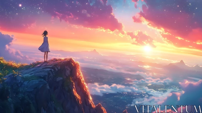 Girl gazes over glowing sunrise horizon from misty cliff