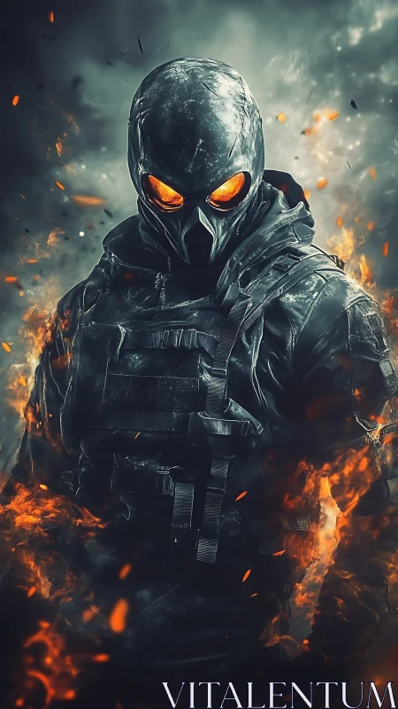 Flaming armored specter with blazing eyes in smoke storm.