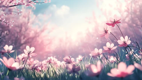 Photorealistic Atmospheric Flower Field: Diffuse Bloom Composition With Volumetric Light