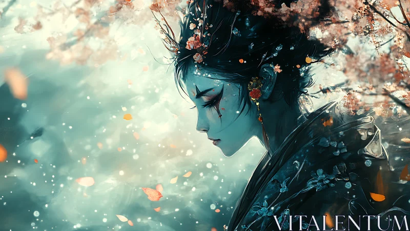 Melancholic geisha under blossom storm in teal haze.