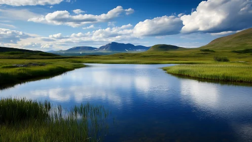 Lake reflects clouded sky amid distant rolling green hills