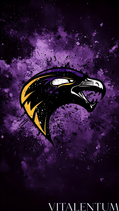 Raven head logo explodes from dark purple grunge field
