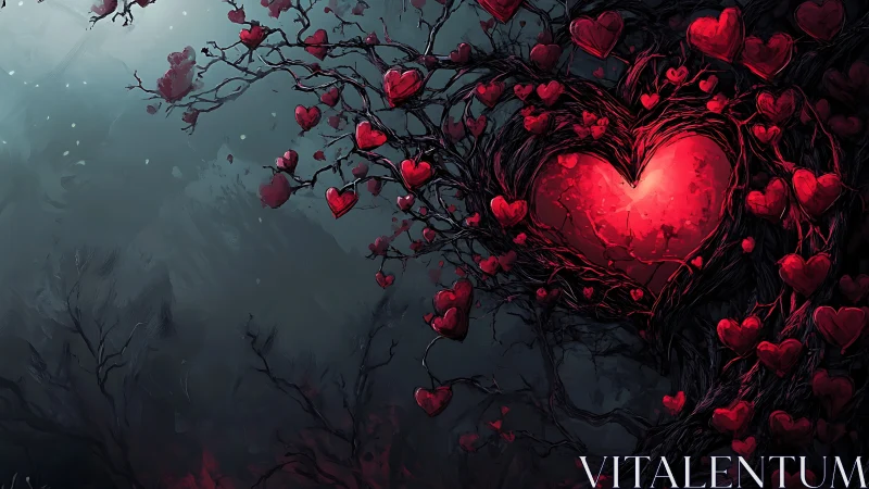 Luminous Heart Tree Against Dark Misty Landscape.