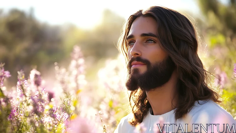 Gentle long haired man sits peacefully among soft spring blooms