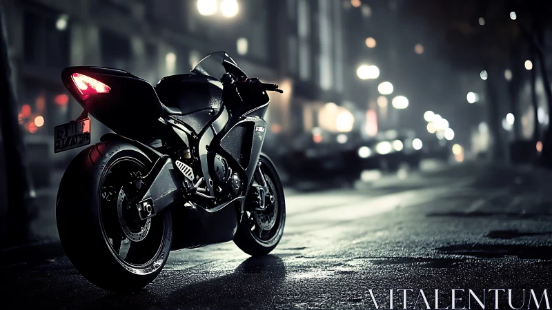 Rear three-quarter superbike study in nocturnal urban rainscape.