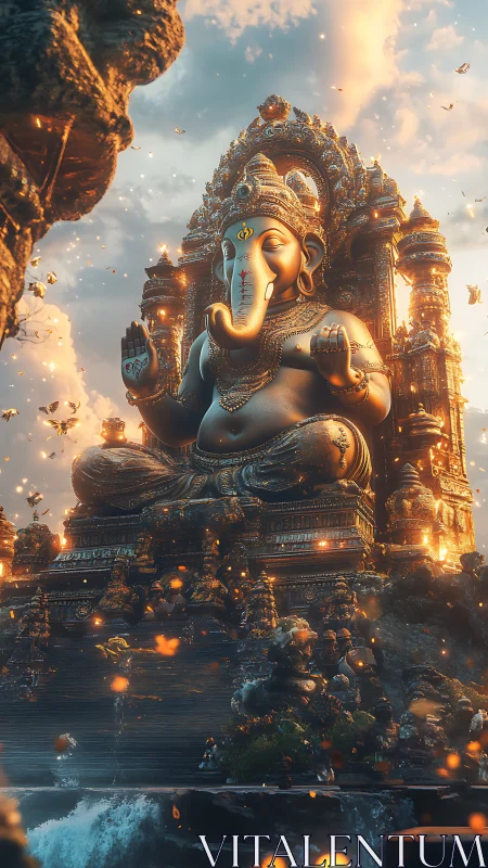 Fantasy 3D monument of seated Ganesha amid luminous cascade.