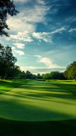 Tree-lined golf fairway under late afternoon sky.