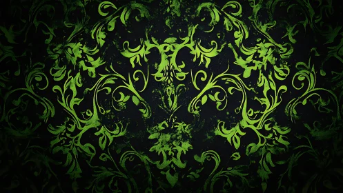 Green ornamental floral pattern forms dense symmetrical layout