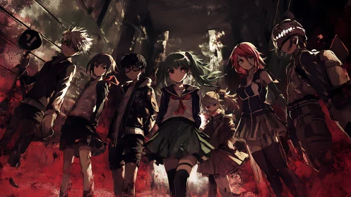 Rebel schoolyard vanguard in a crumbling bloodred alley.