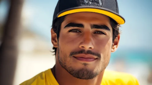 Portrait shows young man in cap under bright daylight