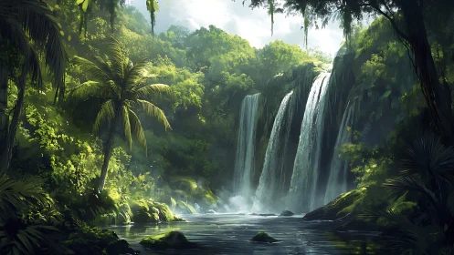 Tropical Waterfall Cascade: Digital Landscape Render.