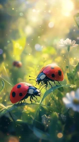 Ladybugs rest on dewy grass under warm golden light.