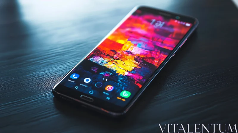 Smartphone displaying colorful abstract wallpaper on dark surface.