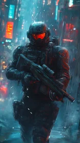Armored futurist soldier advances through neon city rain