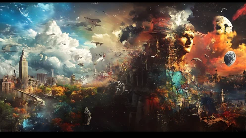 Skylines in flames and clouds weaving a fractured cosmos.