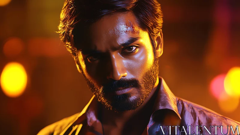 Intense cinematic portrait bathed in dramatic neon lights