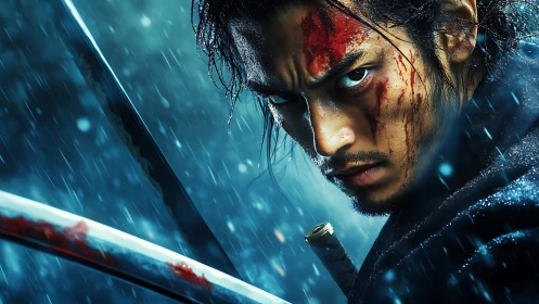 Bloodstreaked samurai glares through rainlit blue storm