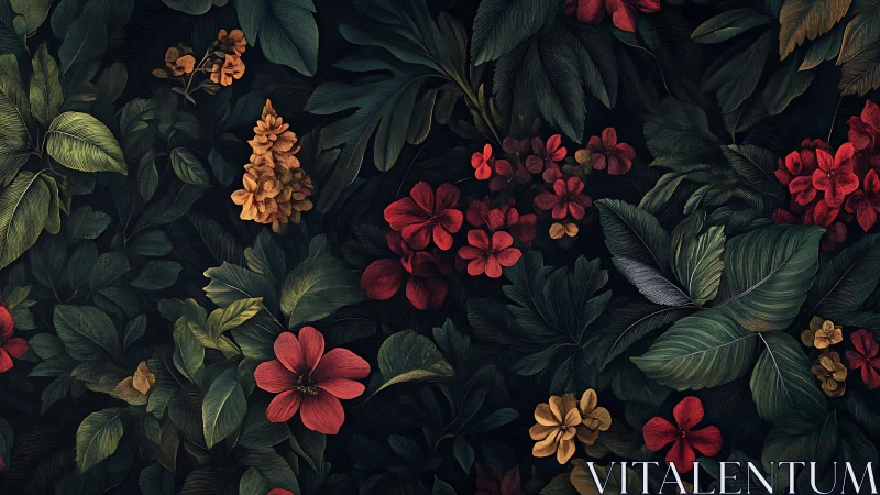 Lush Garden Blooms in Warm Reds and Golden Florals