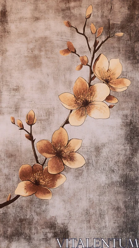 Cherry blossom branch on muted textured background print.