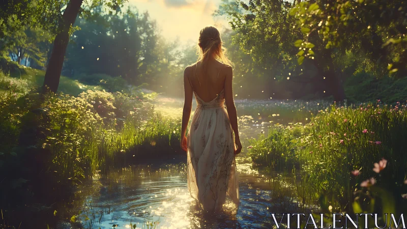 Woman in white dress walking through sunlit forest stream.